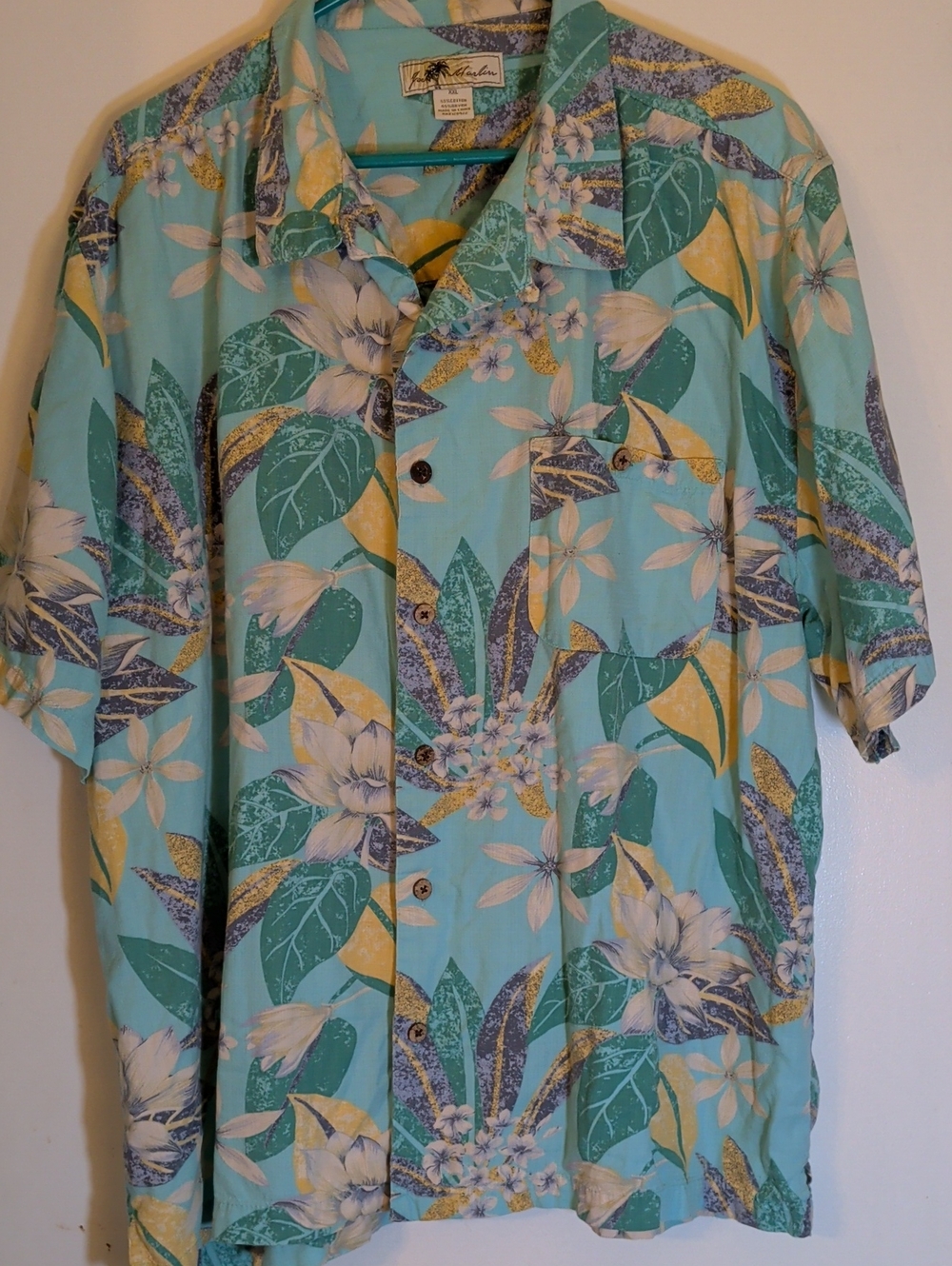 Joe Marlin Tropical Camp Shirt in Aqua with Green & Yellow Floral